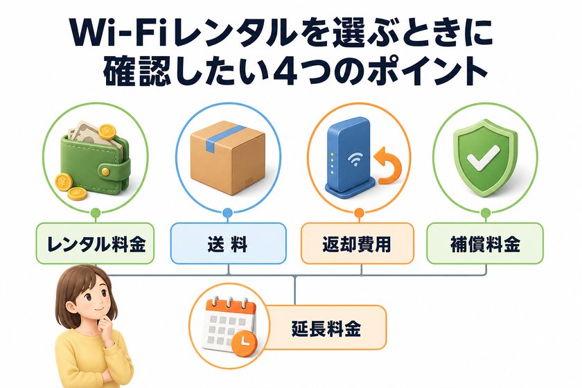 3〜4段階のステップ図:Wi-Fiレンタルを選ぶときに確認したい4つのポイント