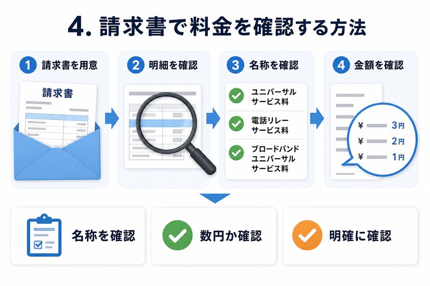 3〜4段階のステップ図：4. 請求書で料金を確認する方法